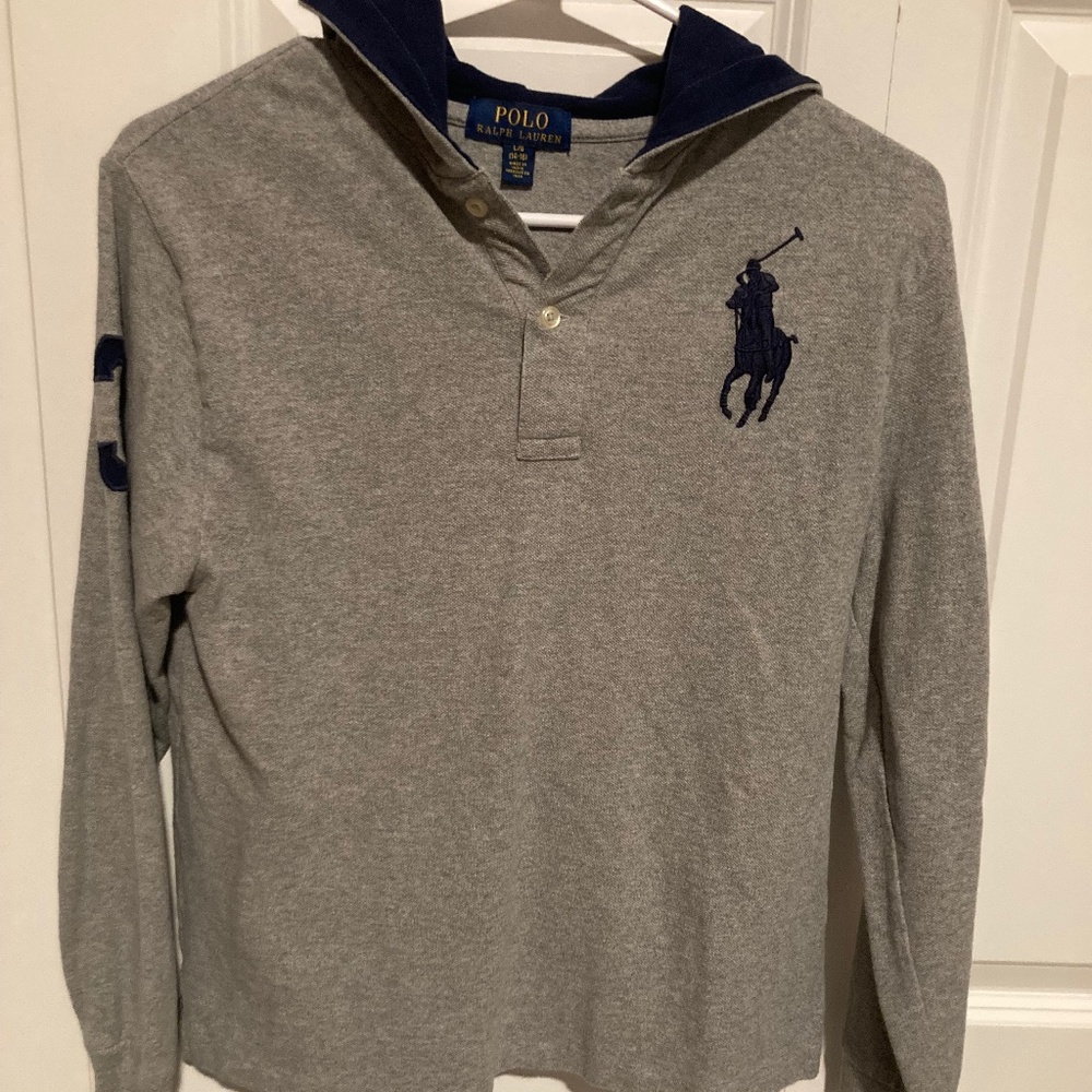 Boys Ralph Lauren hooded gray long sleeve polo shirt size large.